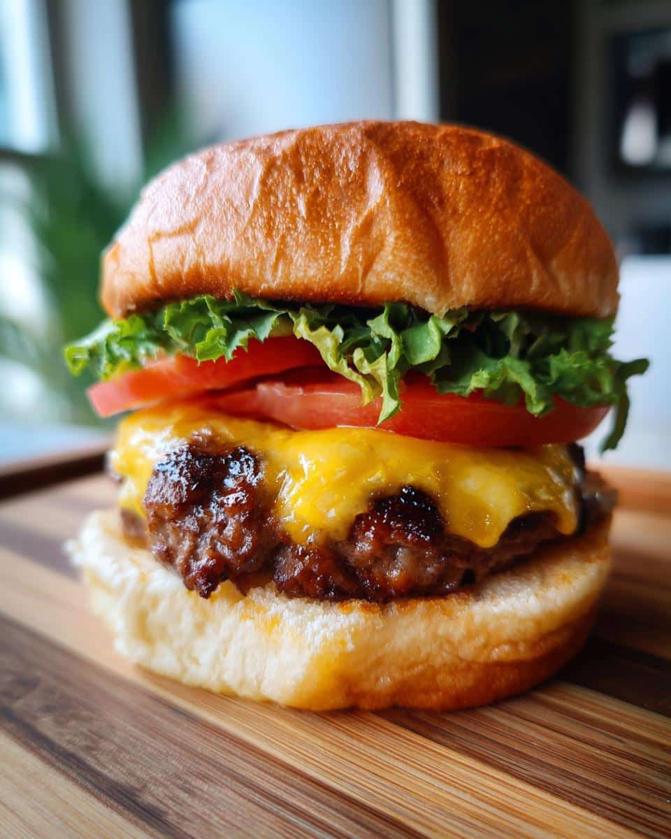 Close-up of a delicious Air Fryer Burgers with melted cheese, tomato, and lettuce on a wooden board.