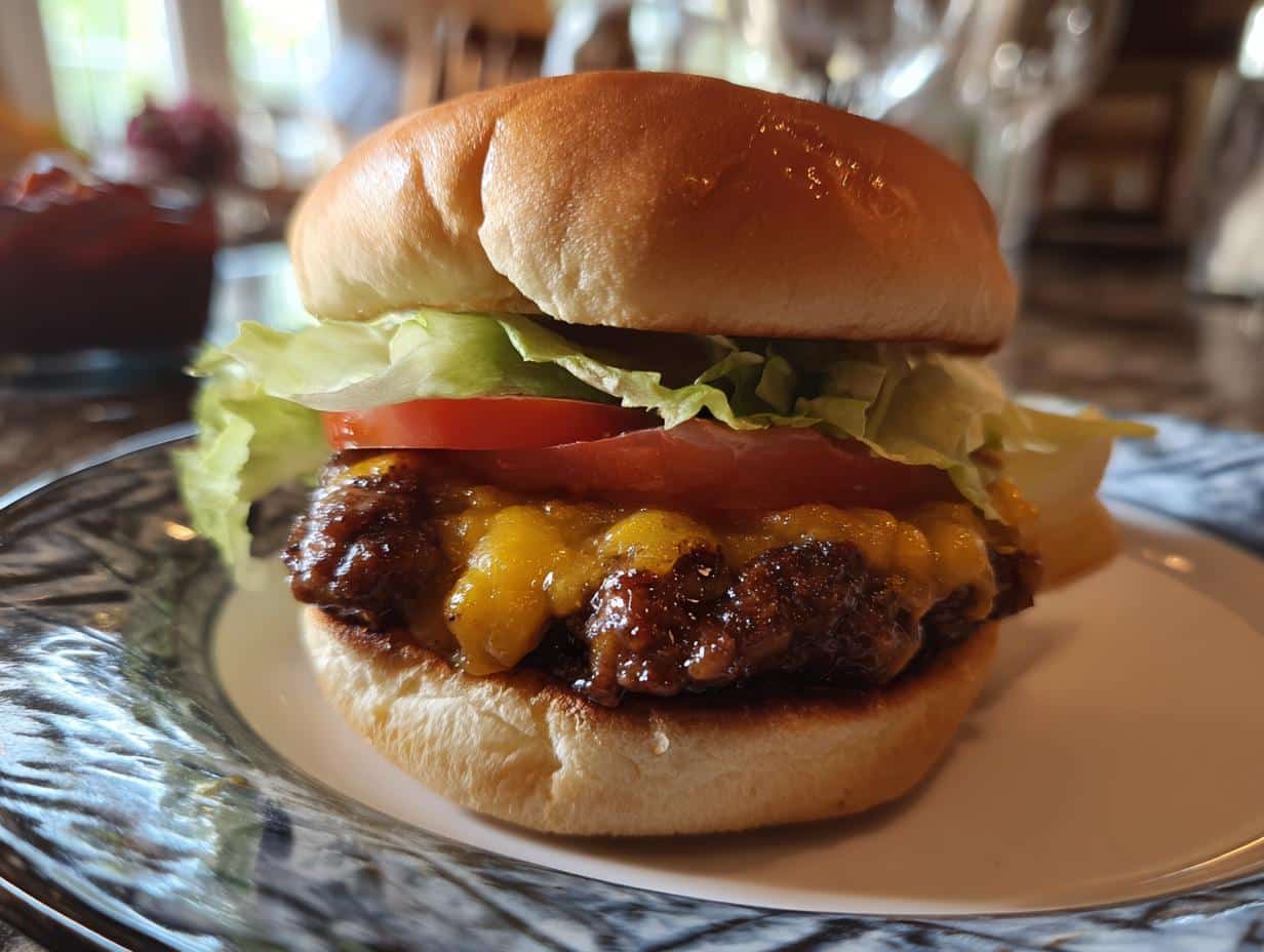 A delicious Air Fryer Burger with cheese, tomato, and lettuce on a bun, sitting on a plate.