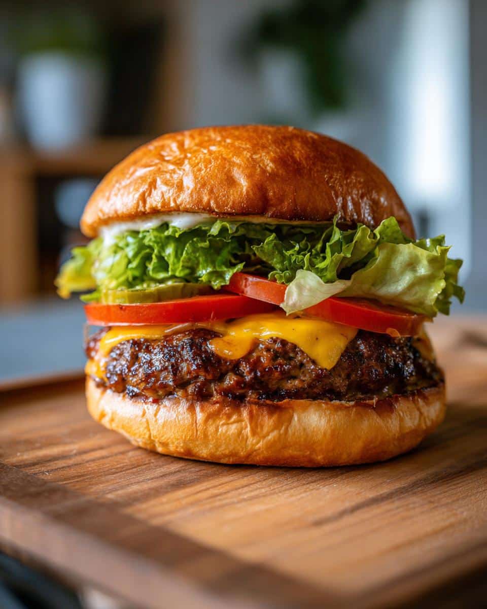 A delicious Air Fryer Burgers on a wooden board, topped with cheese, tomato, lettuce, and sauce.