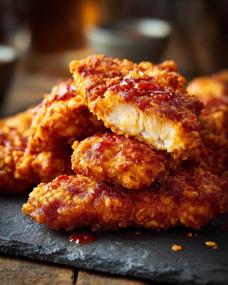 Close-up of crispy Air Fryer Chicken Tenders drizzled with sauce, showcasing the tender chicken inside.