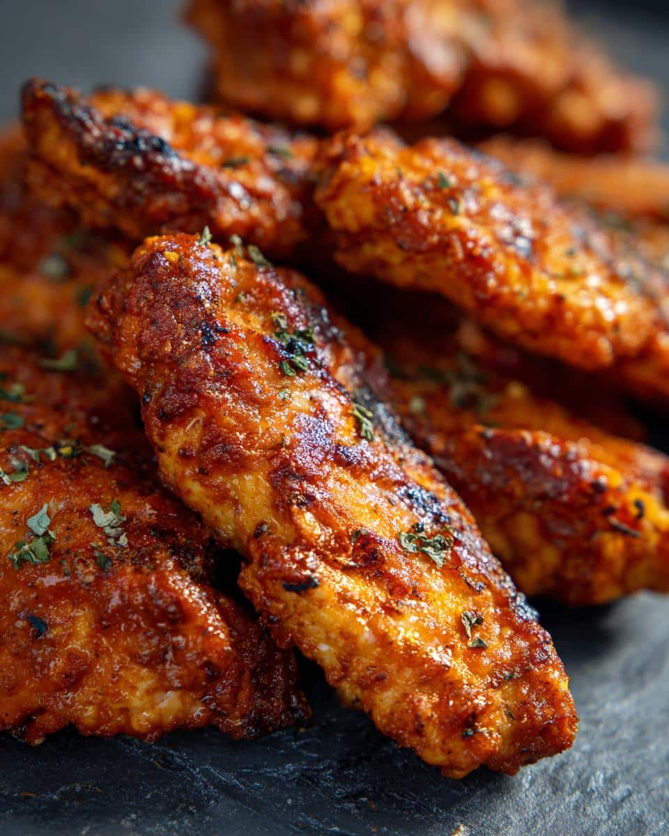 Close-up of golden brown Air Fryer Chicken Tenders, seasoned and garnished with herbs.
