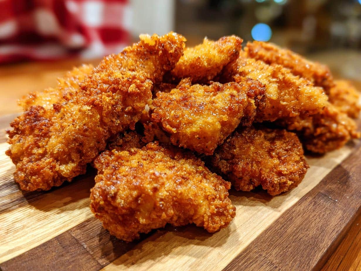 A pile of golden brown Air Fryer Chicken Tenders on a wooden cutting board.