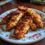 Close-up of golden brown Air Fryer Chicken Tenders on a floral patterned plate, ready to eat.