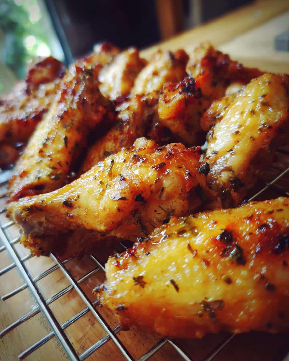 Close-up of golden brown, crispy Air Fryer Chicken Wings seasoned with herbs, cooling on a wire rack.