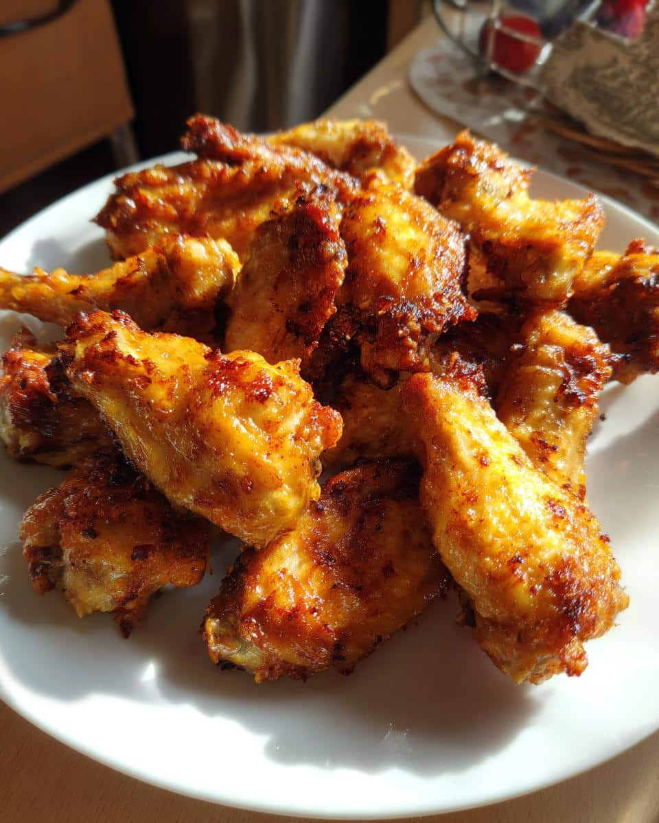 A plate piled high with golden brown, crispy Air Fryer Chicken Wings, ready to be enjoyed.