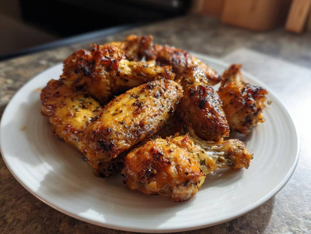 A plate of golden brown, crispy Air Fryer Chicken Wings, seasoned with herbs and spices.