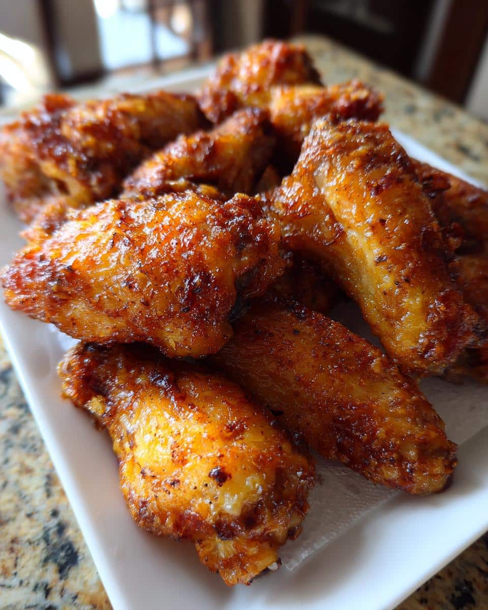 A plate of golden brown, crispy Air Fryer Chicken Wings, ready to eat.