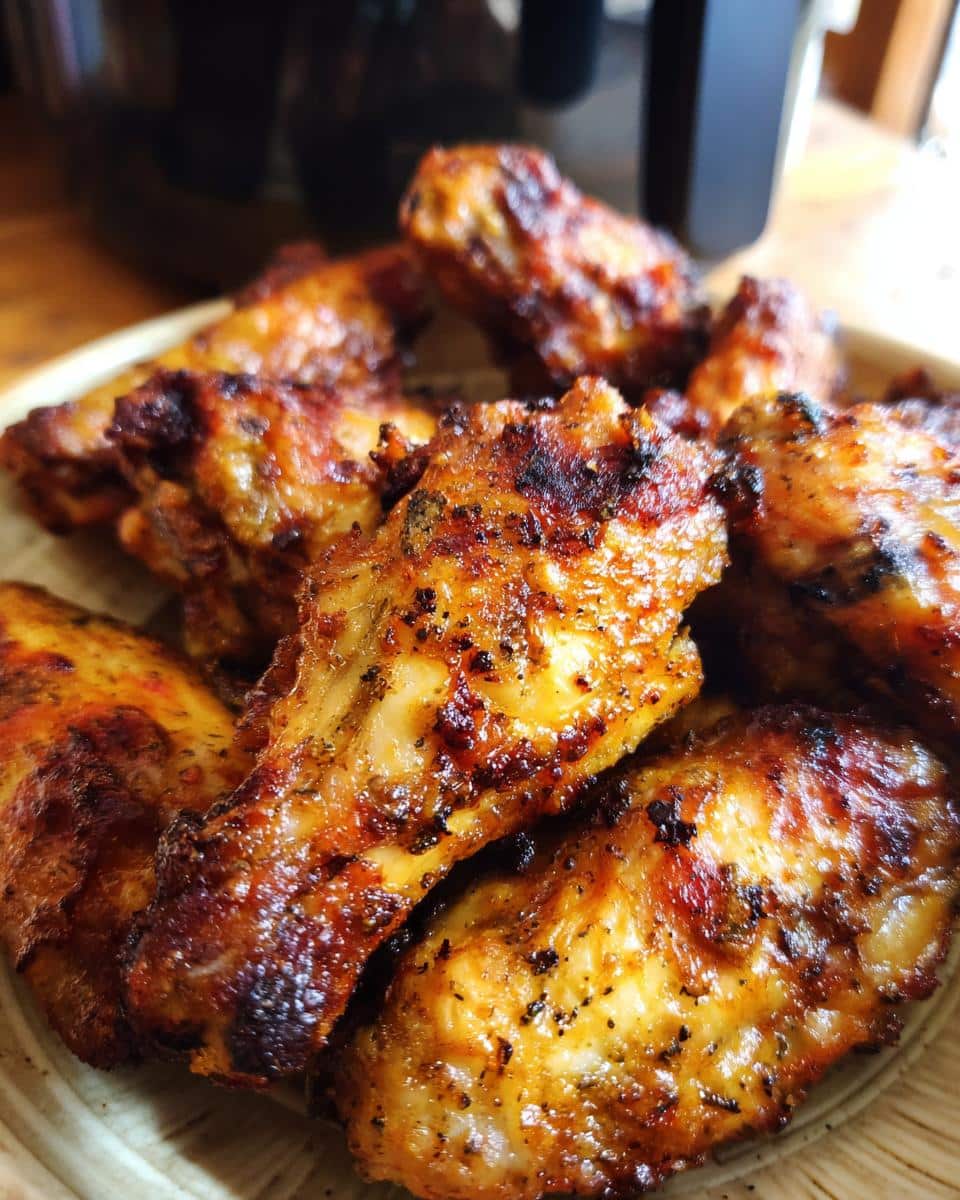 Close-up of golden brown, crispy Air Fryer Chicken Wings on a plate, ready to eat.