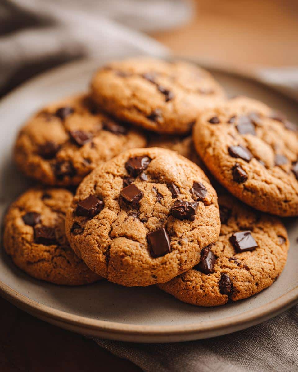 A plate of freshly baked air-fryer chocolate chip cookies, golden brown and studded with dark chocolate chunks.