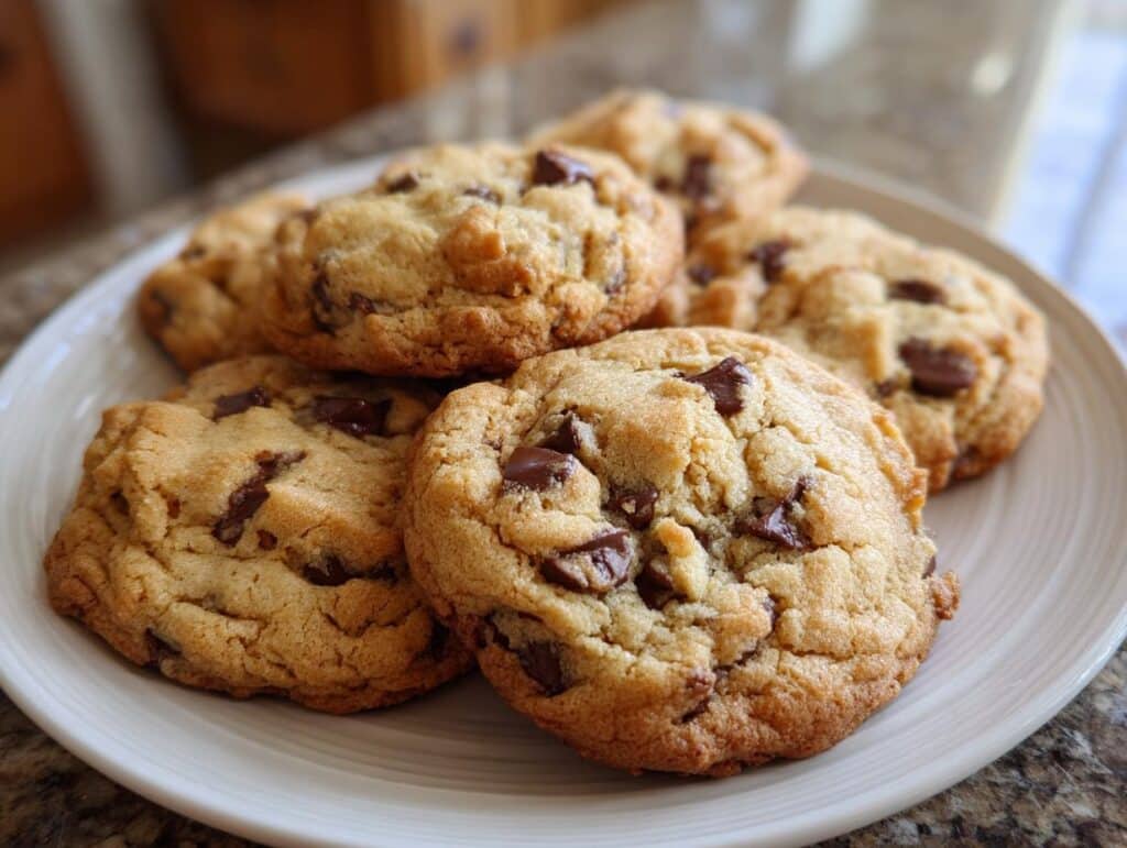 A plate of freshly baked air-fryer chocolate chip cookies, golden brown with melted chocolate chunks.