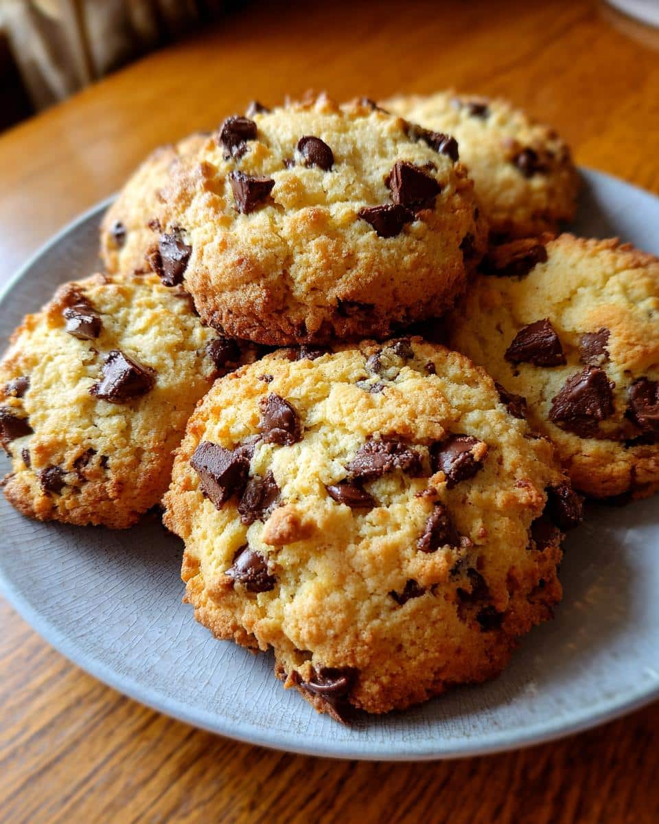 A plate of freshly baked air-fryer chocolate chip cookies, golden brown and loaded with chocolate chunks.