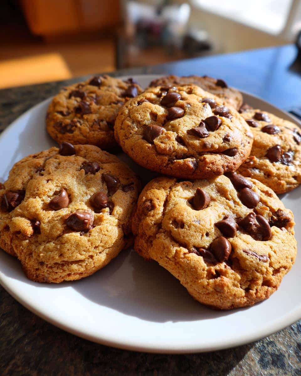 A plate of freshly baked air-fryer chocolate chip cookies, golden brown and studded with chocolate.