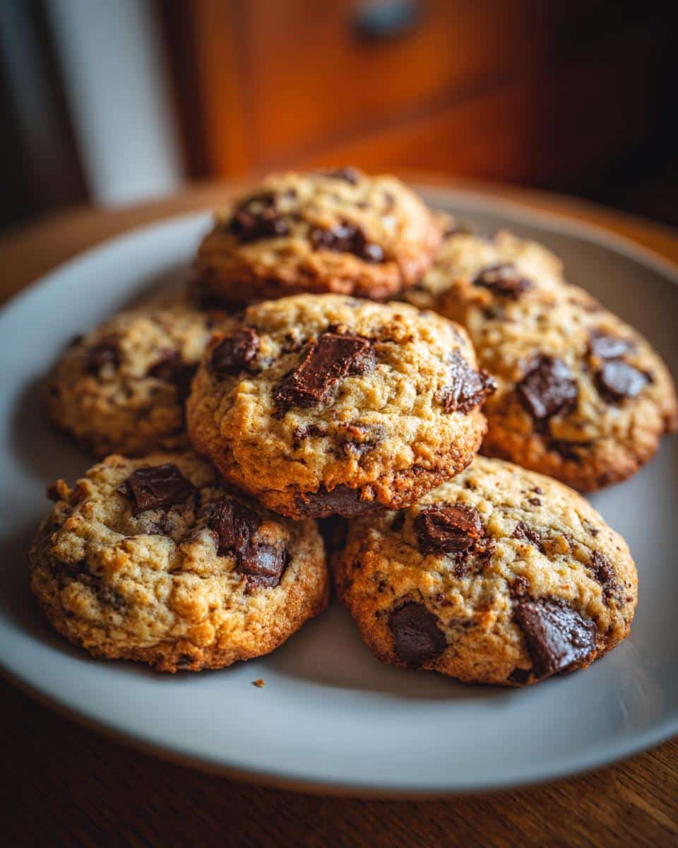 A stack of freshly baked air-fryer chocolate chip cookies on a plate, ready to enjoy.