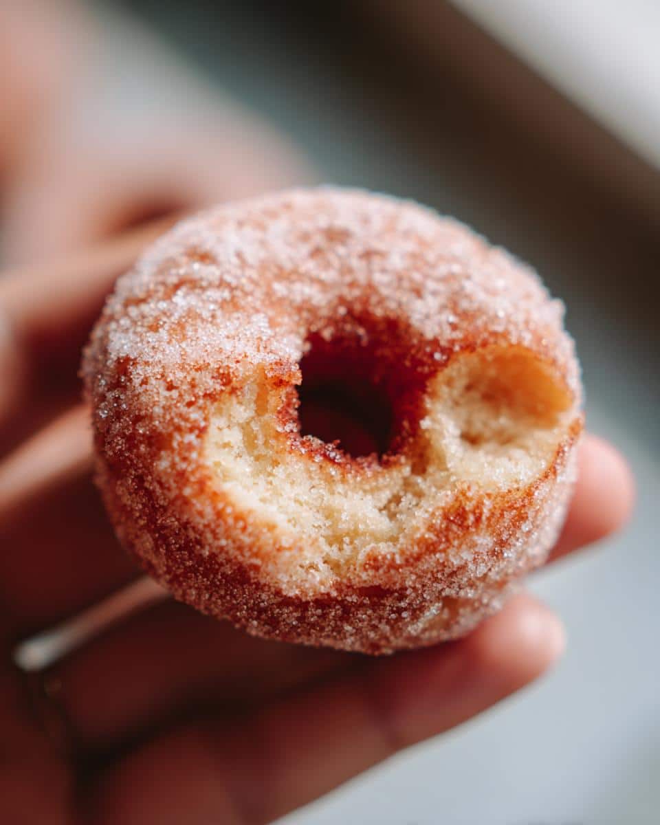 Close-up of a sugared Air Fryer Donut held in a hand, showing a bite taken out.