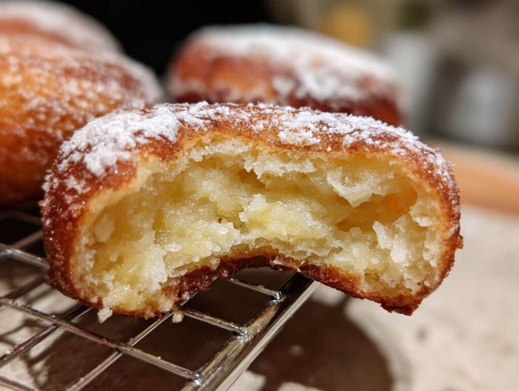 Close-up of an Air Fryer Donut with a bite taken out, revealing its soft interior and powdered sugar dusting.