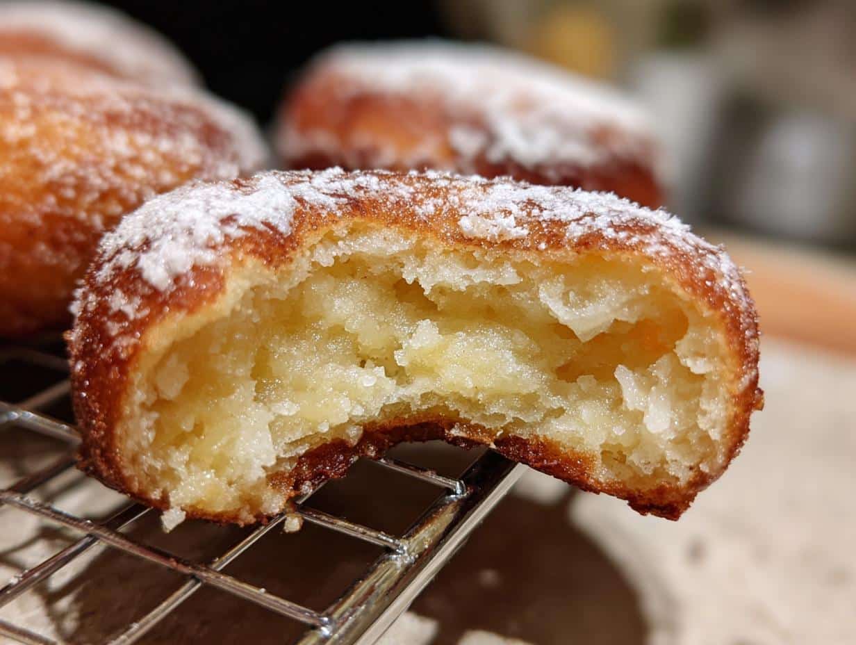 Close-up of an Air Fryer Donut with a bite taken out, revealing its soft interior and powdered sugar dusting.