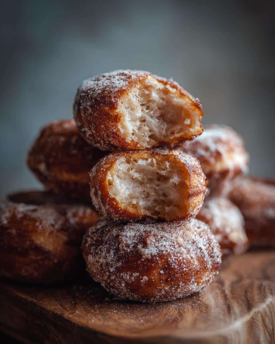 A stack of sugar-dusted Air Fryer Donuts, with some donuts having bite marks, on a wooden board.