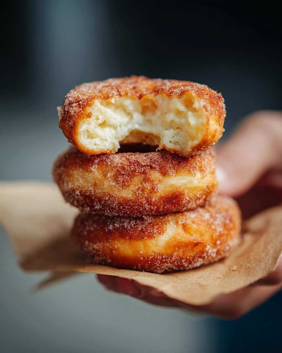 A stack of three homemade Air Fryer Donuts coated in cinnamon sugar, with a bite taken out of the top donut.