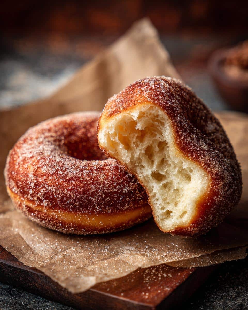 Close-up of two Air Fryer Donuts, one with a bite taken out, showing the soft interior and sugar coating.