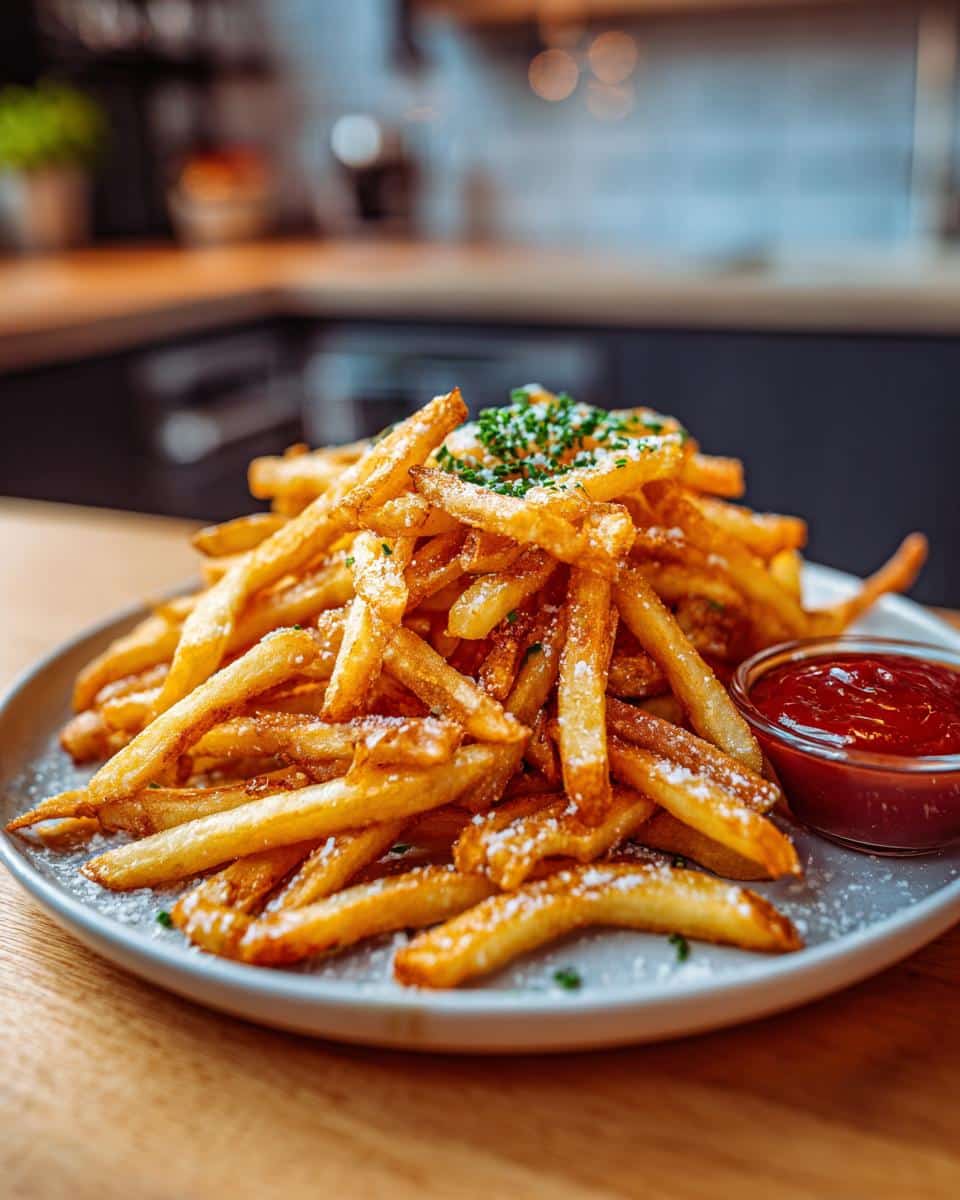 A plate of crispy Air Fryer French Fries, sprinkled with herbs, served with a side of ketchup.