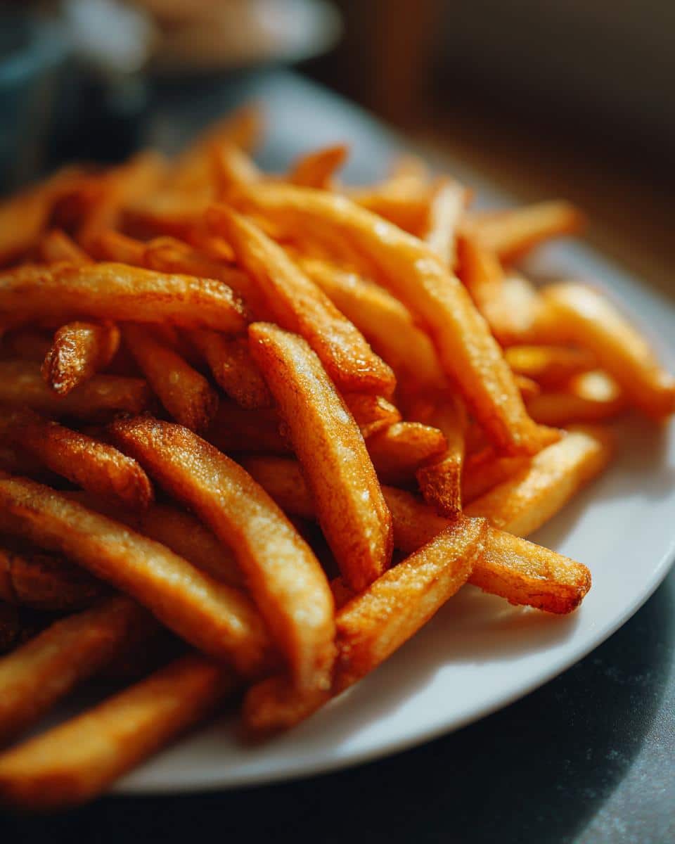 Close-up of crispy golden Air Fryer French Fries piled on a white plate, ready to eat.