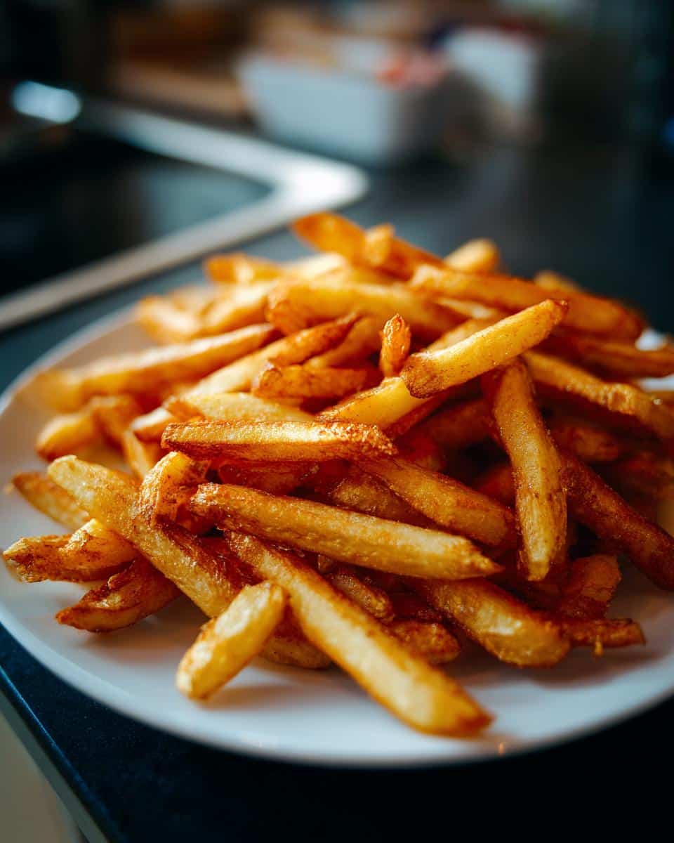 A plate piled high with golden-brown Air Fryer French Fries, ready to eat.