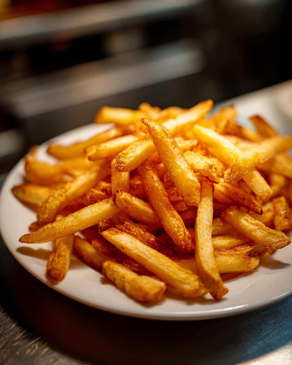 A plate piled high with golden, crispy Air Fryer French Fries, ready to be enjoyed.