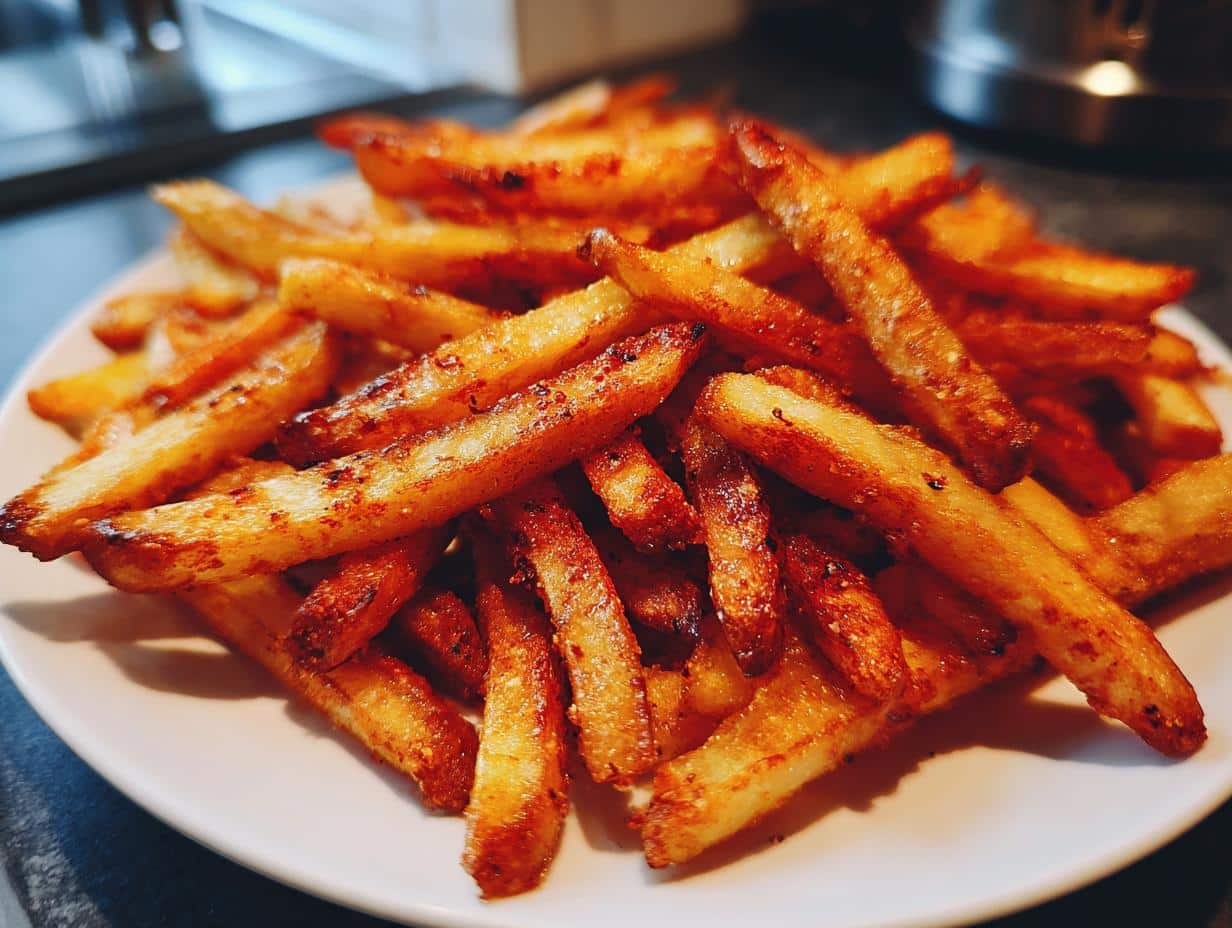 Close-up of golden brown Air Fryer French Fries piled on a white plate, ready to eat.