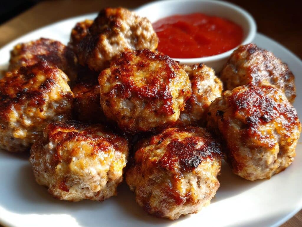 A plate of golden brown Air Fryer Meatballs served with a side of red dipping sauce.