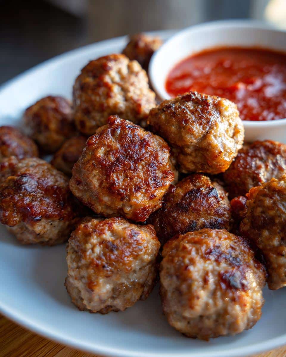 A plate of golden brown Air Fryer Meatballs served with a side of marinara dipping sauce.