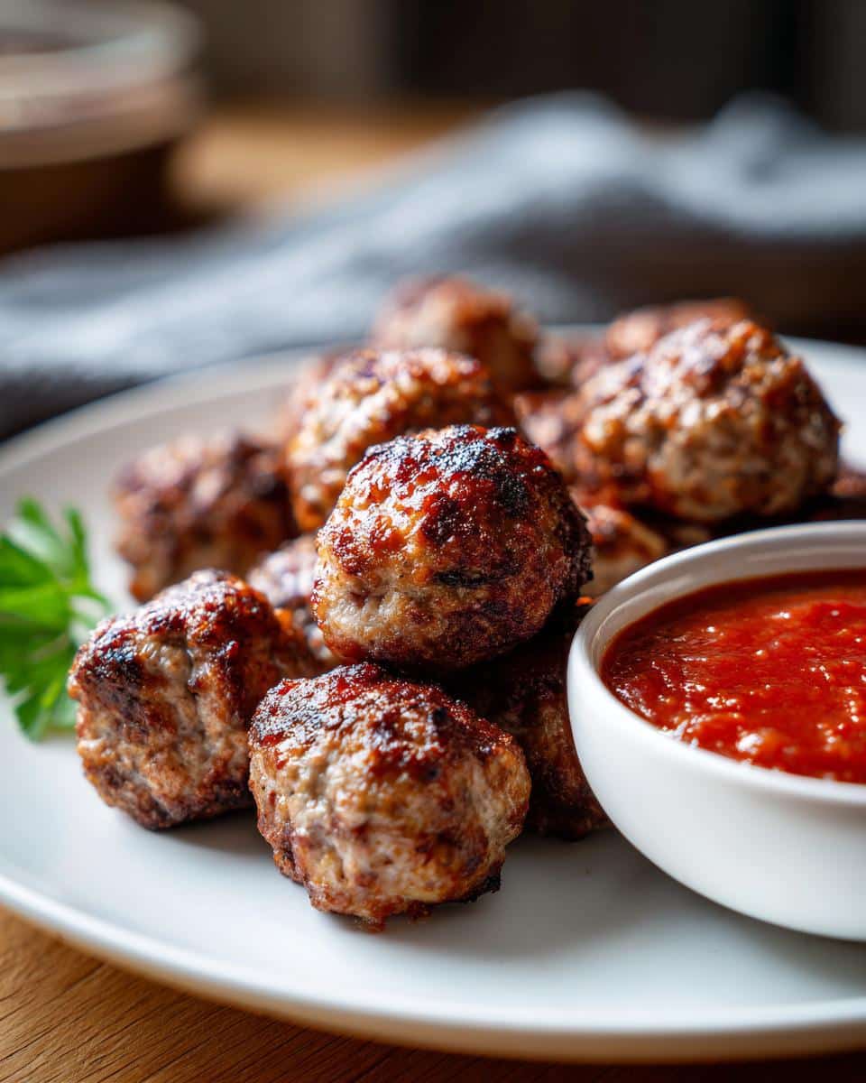 Close-up of golden brown Air Fryer Meatballs on a plate with a side of red dipping sauce.