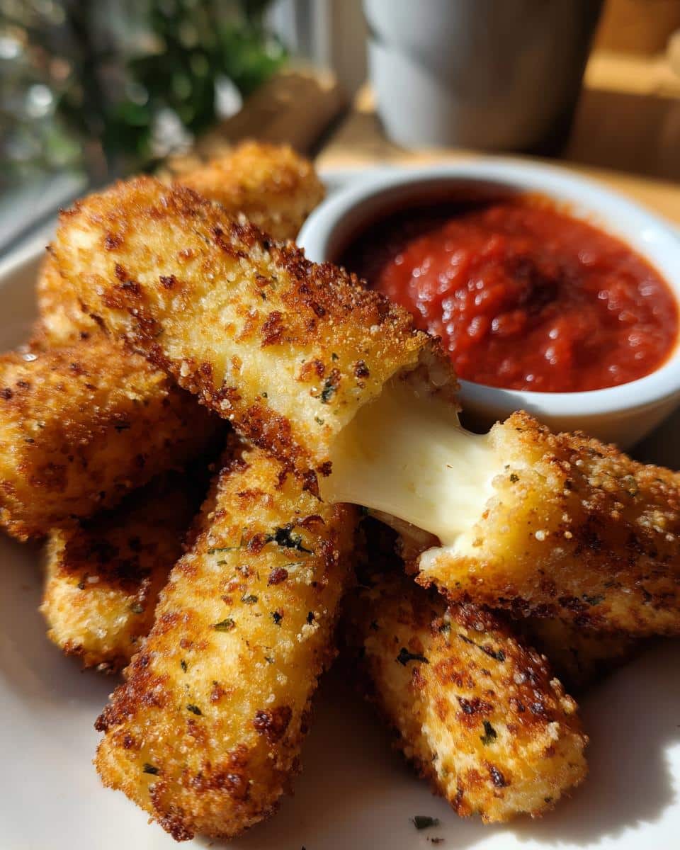 Close-up of crispy Air Fryer Mozzarella Sticks with melted cheese pull and marinara dipping sauce.