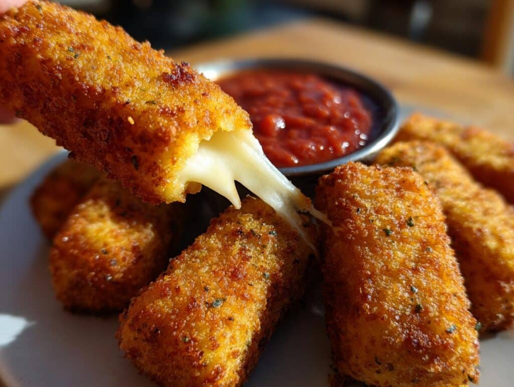 Close-up of crispy Air Fryer Mozzarella Sticks with melted cheese pull and marinara sauce.