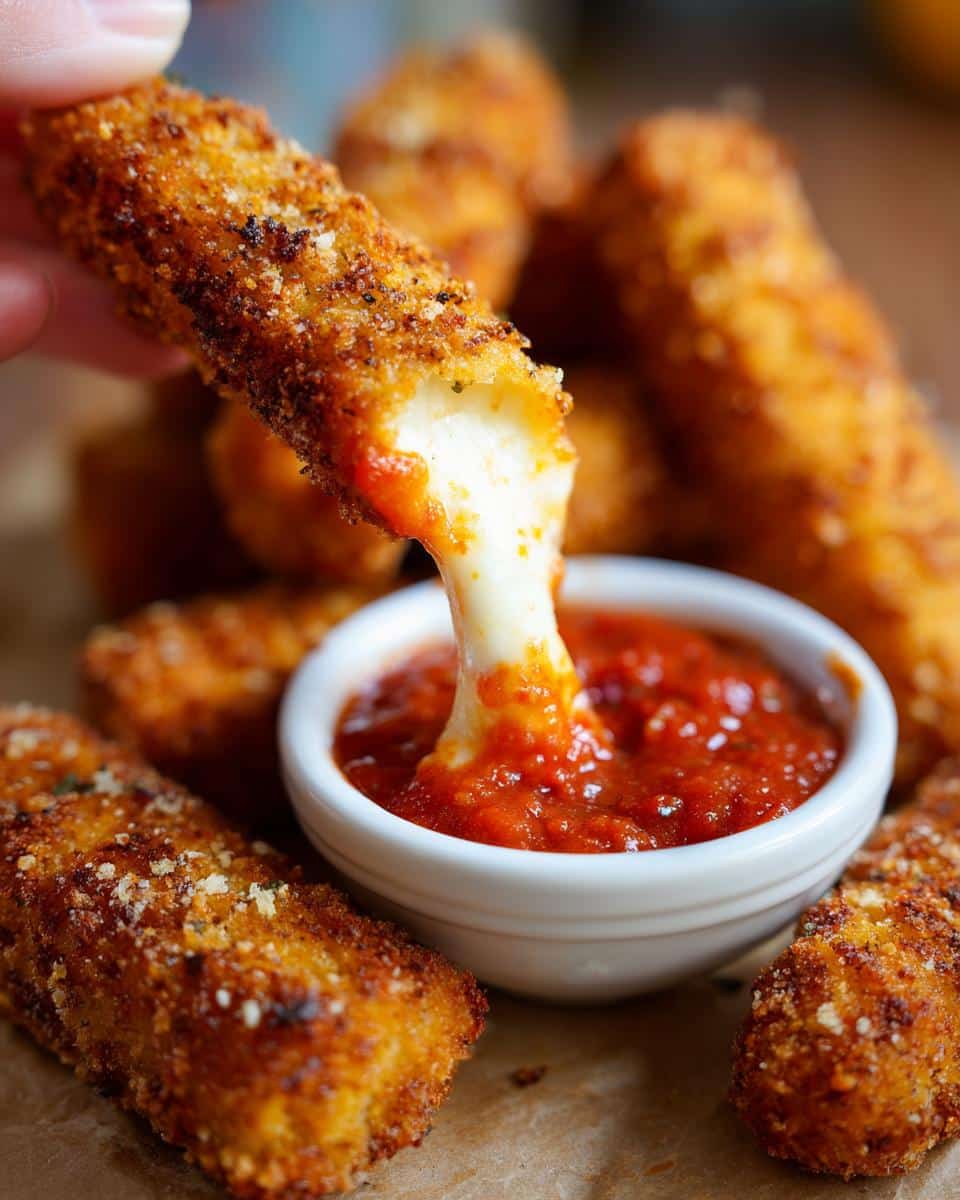 Crispy air fryer mozzarella sticks being dipped into marinara sauce, cheese pull visible.