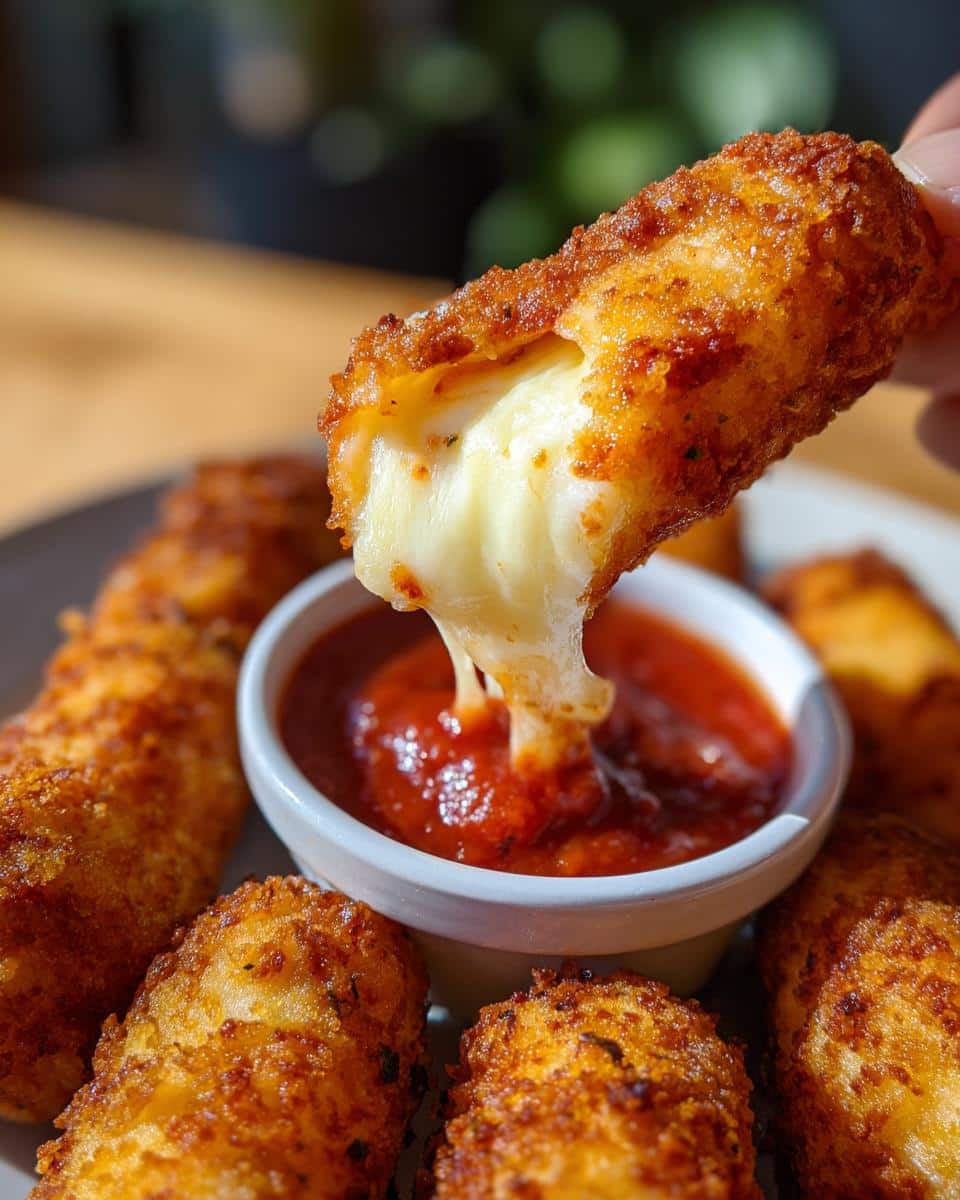 Crispy Air Fryer Mozzarella Sticks being dipped into a bowl of marinara sauce, cheese pull visible.