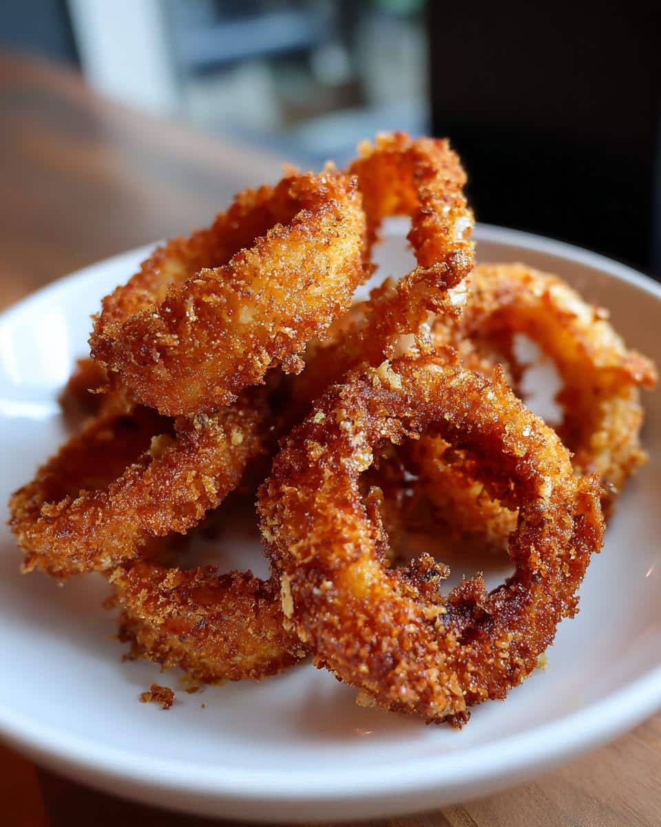 A close up of golden brown, crispy Air Fryer Onion Rings piled on a white plate.