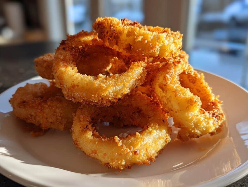 A stack of golden brown Air Fryer Onion Rings on a white plate, showcasing their crispy texture.