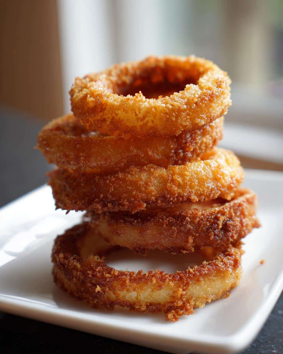 A stack of crispy Air Fryer Onion Rings on a white plate, showcasing their golden-brown texture.