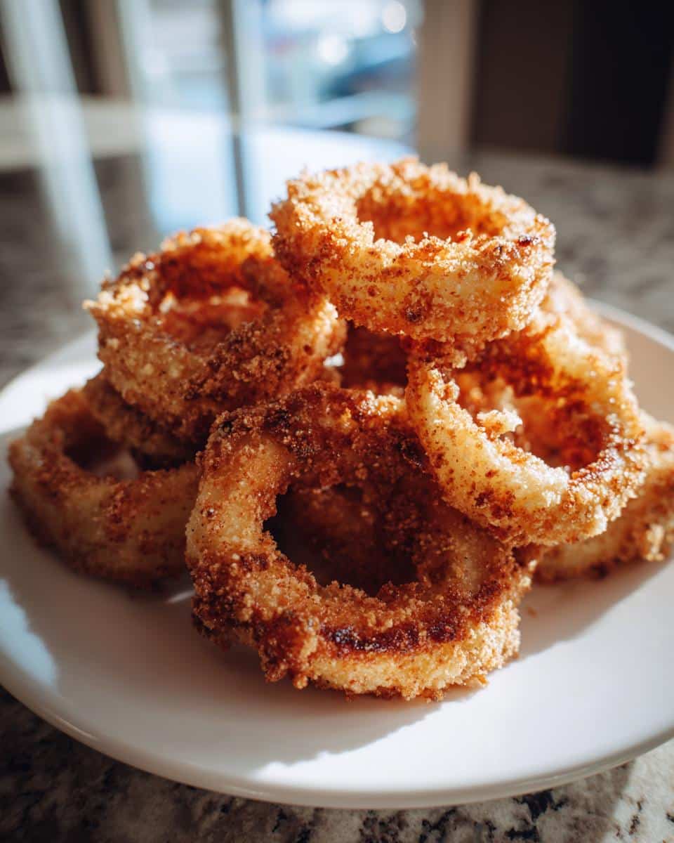 A stack of golden brown Air Fryer Onion Rings on a white plate, ready to be enjoyed.