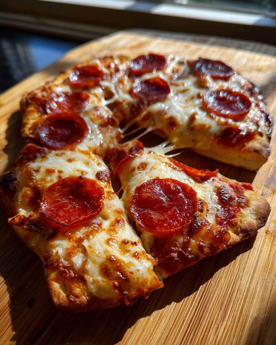 Close-up of a freshly cooked Air Fryer Pizza with melted cheese and pepperoni slices on a wooden board.