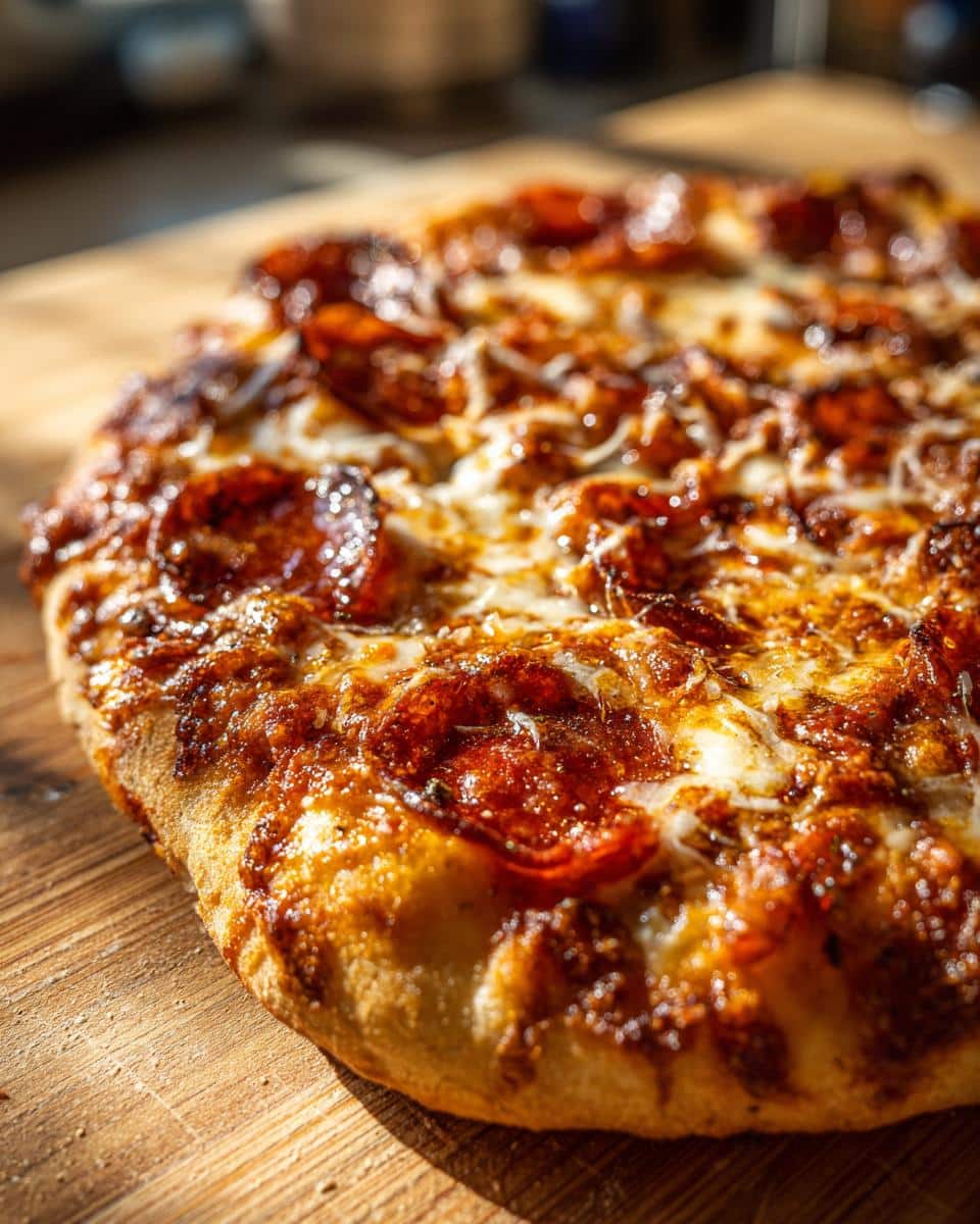 Close-up of a pepperoni Air Fryer Pizza with melted cheese on a wooden board.