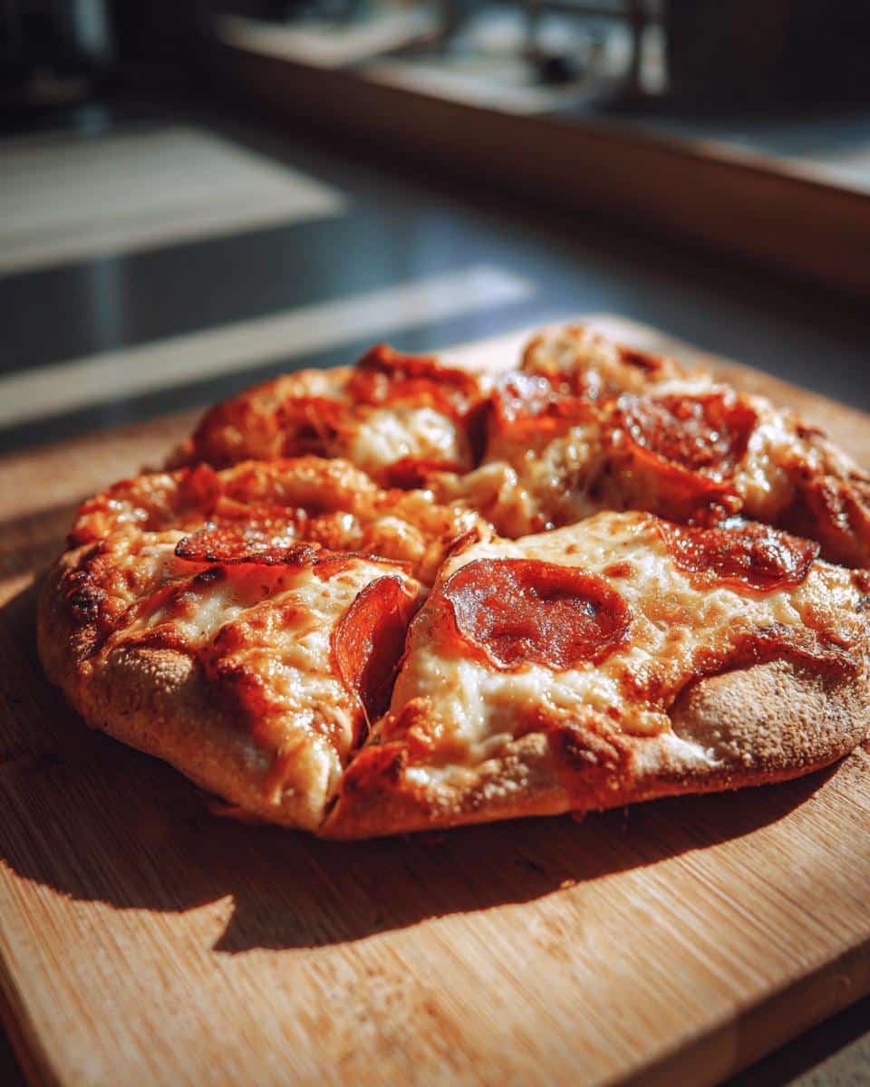 Close-up of a freshly cooked Air Fryer Pizza with pepperoni and melted cheese on a wooden board.