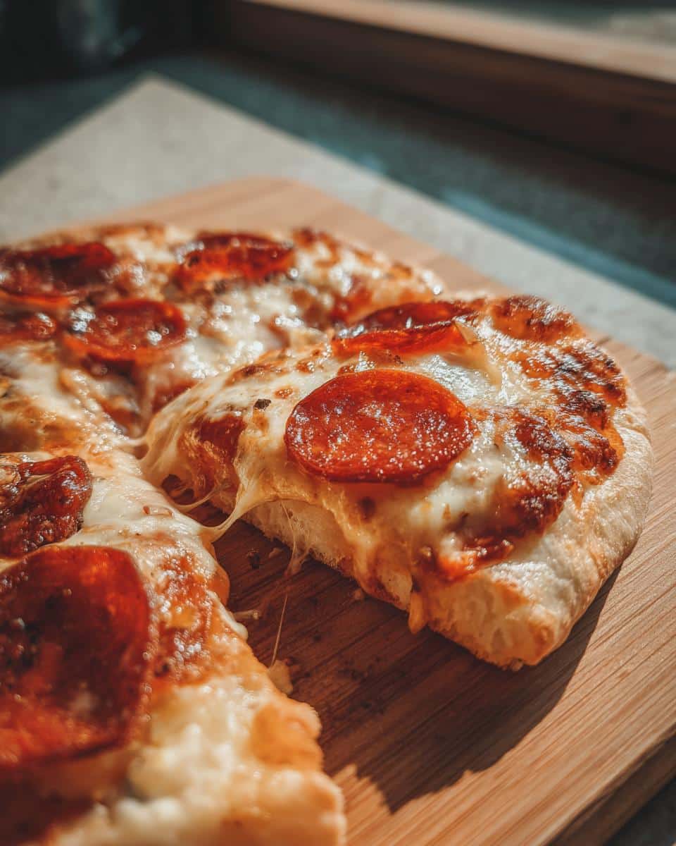 Close-up of a delicious air fryer pizza with pepperoni and melted cheese on a wooden board.