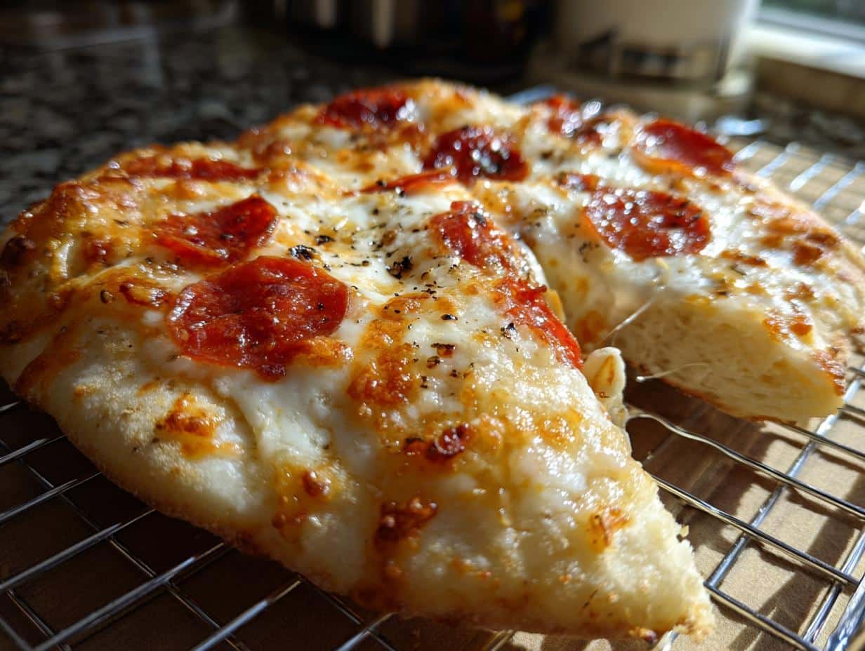 Close-up of a delicious Air Fryer Pizza with pepperoni, cheese, and herbs on a wire rack.