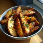 Bowl of golden brown Air Fryer Potato Wedges, seasoned and garnished with fresh herbs.