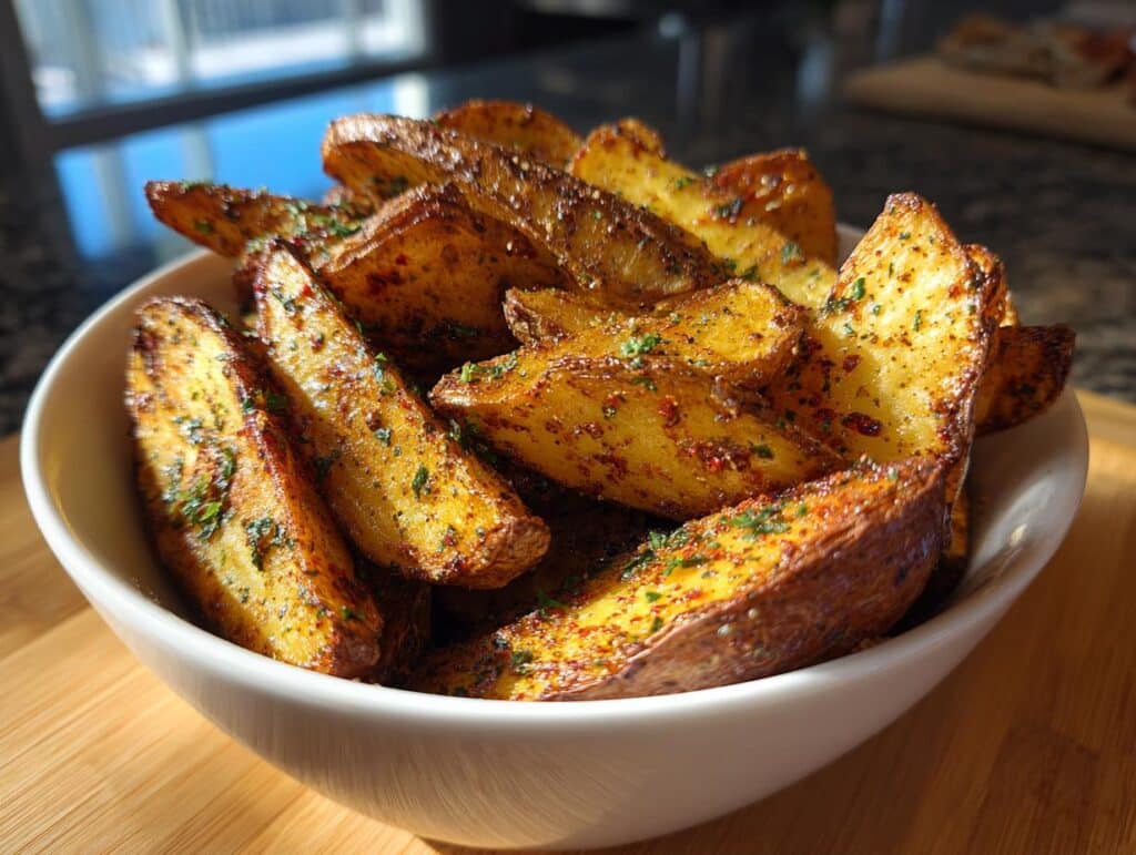 A bowl filled with golden brown Air Fryer Potato Wedges, sprinkled with herbs and spices.