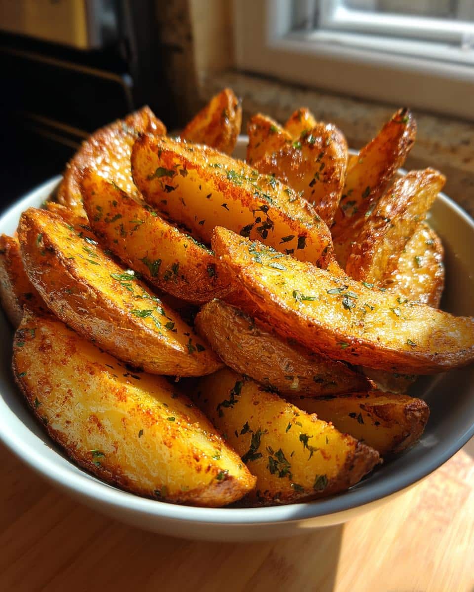 Close-up of golden Air Fryer Potato Wedges in a bowl, seasoned with herbs and spices.