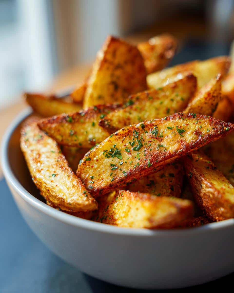 Close-up of golden brown Air Fryer Potato Wedges seasoned with herbs in a gray bowl.