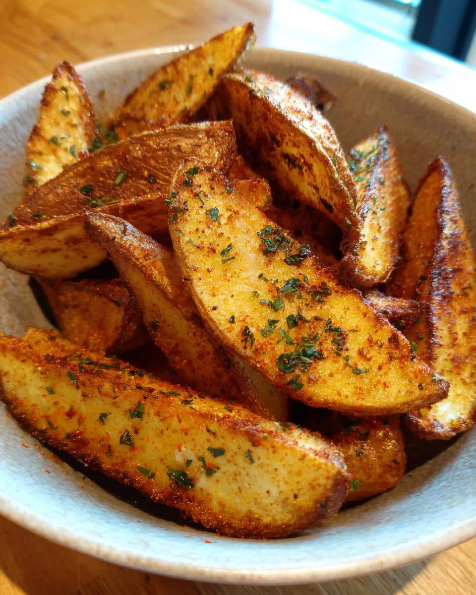 Close-up of seasoned Air Fryer Potato Wedges in a bowl, showing crispy edges and herb garnish.