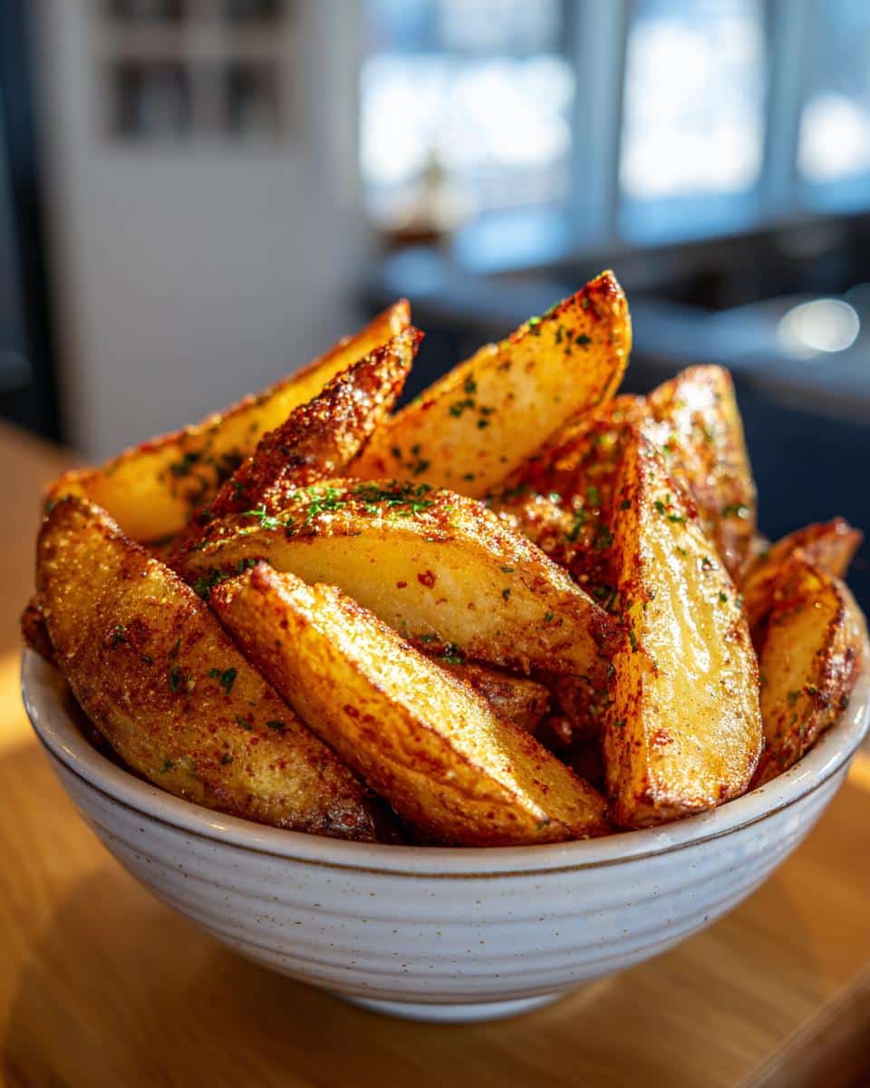 Close-up of a bowl filled with golden brown Air Fryer Potato Wedges, seasoned and garnished with herbs.
